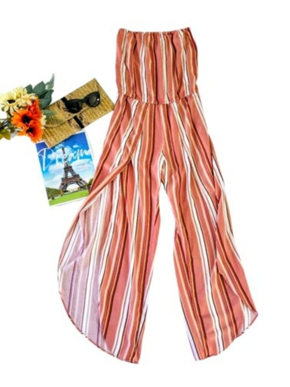 Supply & Demand Women's Strapless Jumpsuit Size Medium Orange Wide Leg Slits Y2K